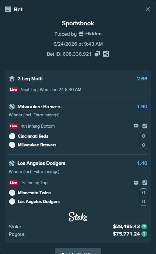Bet slip: Minnesota Twins - Los Angeles Dodgers, $28,513.91 stake at 1.40 odds, placed by Hidden