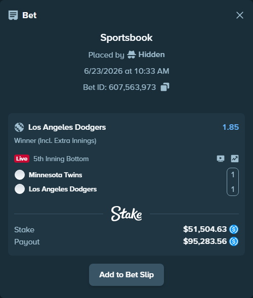 Bet slip: Minnesota Twins - Los Angeles Dodgers, $51,504.63 stake at 1.85 odds, placed by Hidden