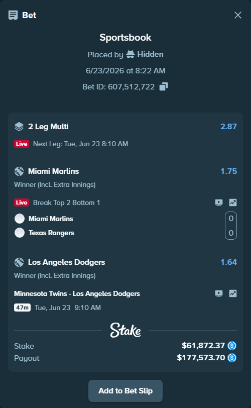 Bet slip: Minnesota Twins - Los Angeles Dodgers, $61,872.37 stake at 1.64 odds, placed by Hidden