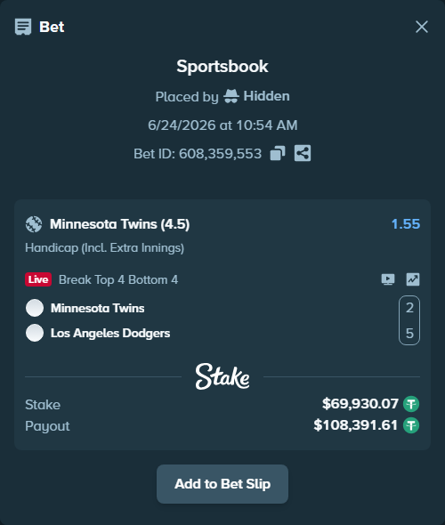 Bet slip: Minnesota Twins - Los Angeles Dodgers, $70,000.00 stake at 1.55 odds, placed by Hidden
