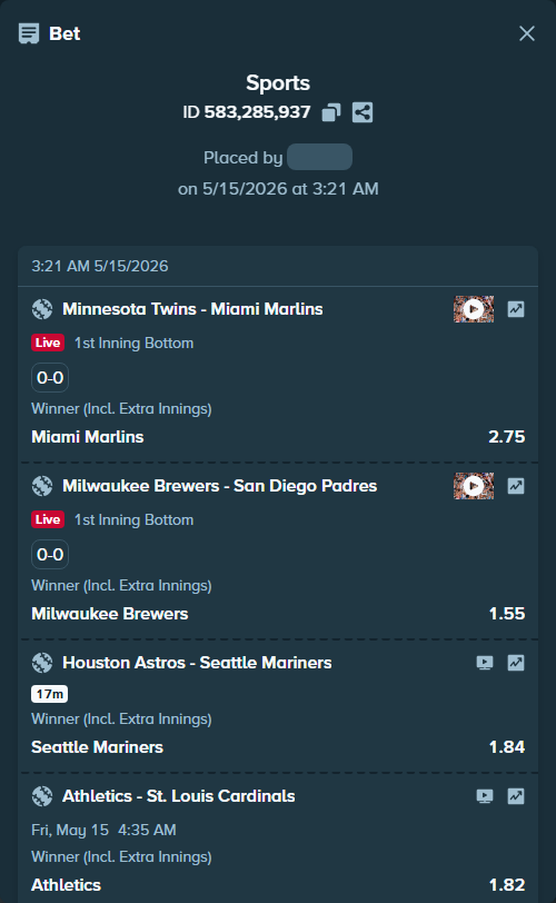 Bet slip: Minnesota Twins - Miami Marlins, $10,000.00 stake at 2.75 odds, placed by Enrique2777