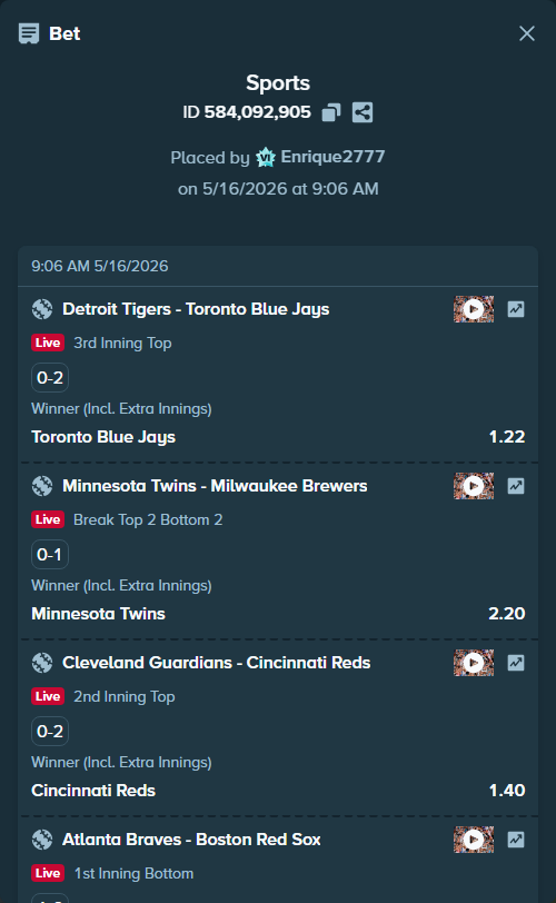 Bet slip: Minnesota Twins - Milwaukee Brewers, $15,015.00 stake at 2.20 odds, placed by Enrique2777