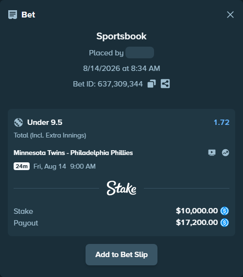 Bet slip: Minnesota Twins - Philadelphia Phillies, $10,000.00 stake at 1.72 odds, placed by floutp451