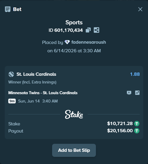 Bet slip: Minnesota Twins - St. Louis Cardinals, $10,732.00 stake at 1.88 odds, placed by fadennesaroush
