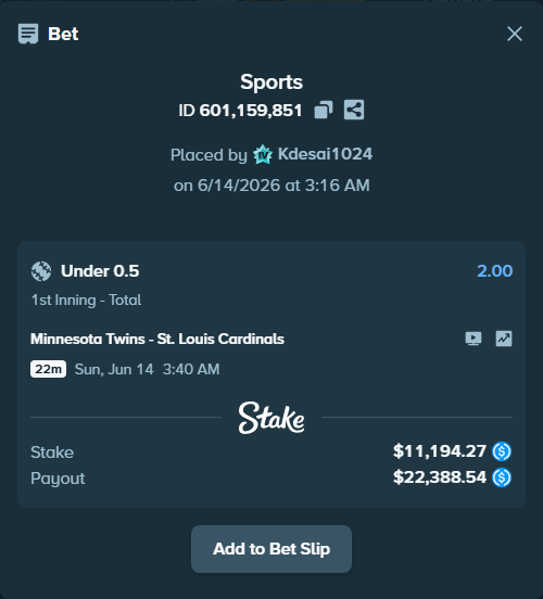 Bet slip: Minnesota Twins - St. Louis Cardinals, $11,194.27 stake at 2.00 odds, placed by Kdesai1024