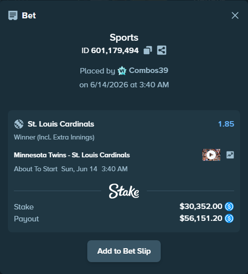Bet slip: Minnesota Twins - St. Louis Cardinals, $30,352.00 stake at 1.85 odds, placed by Combos39