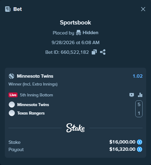 Bet slip: Minnesota Twins - Texas Rangers, $16,000.00 stake at 1.02 odds, placed by Hidden