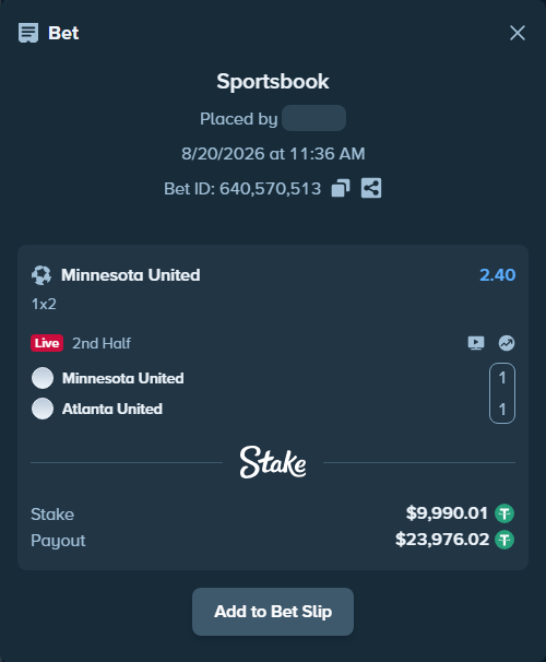 Bet slip: Minnesota United - Atlanta United, $10,000.00 stake at 2.40 odds, placed by ArdianHertica