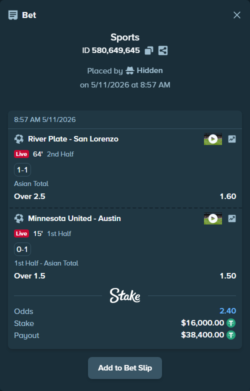 Bet slip: Minnesota United - Austin, $16,000.00 stake at 1.50 odds, placed by Hidden