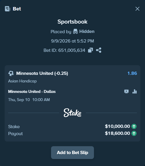 Bet slip: Minnesota United - Dallas, $10,000.00 stake at 1.86 odds, placed by Hidden