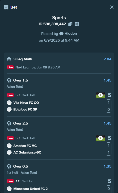 Bet slip: Minnesota United FC 2 - Sporting Kansas City II, $15,057.90 stake at 1.35 odds, placed by Hidden