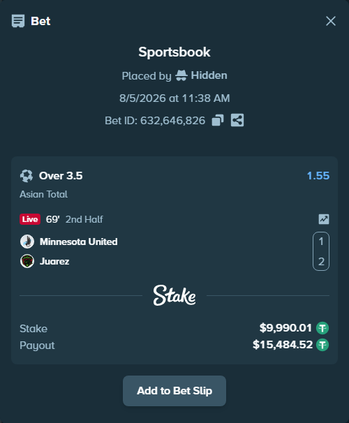 Bet slip: Minnesota United - Juarez, $10,000.00 stake at 1.55 odds, placed by Hidden