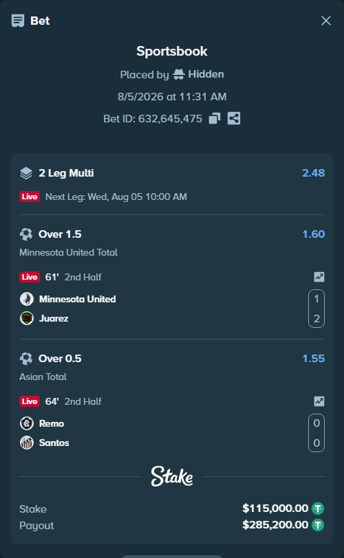 Bet slip: Minnesota United - Juarez, $115,115.00 stake at 1.60 odds, placed by Hidden