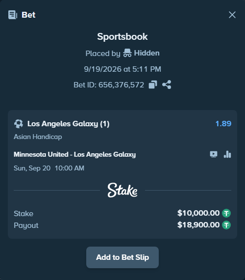 Bet slip: Minnesota United - Los Angeles Galaxy, $10,000.00 stake at 1.89 odds, placed by Hidden