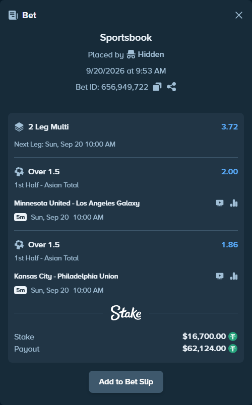 Bet slip: Minnesota United - Los Angeles Galaxy, $16,700.00 stake at 2.00 odds, placed by Hidden