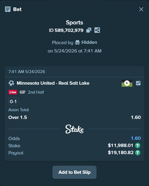 Bet slip: Minnesota United - Real Salt Lake, $12,000.00 stake at 1.60 odds, placed by Hidden