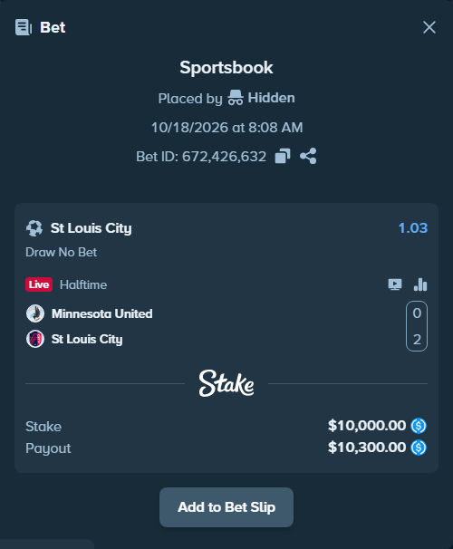 Bet slip: Minnesota United - St Louis City, $10,000.00 stake at 1.03 odds, placed by Hidden