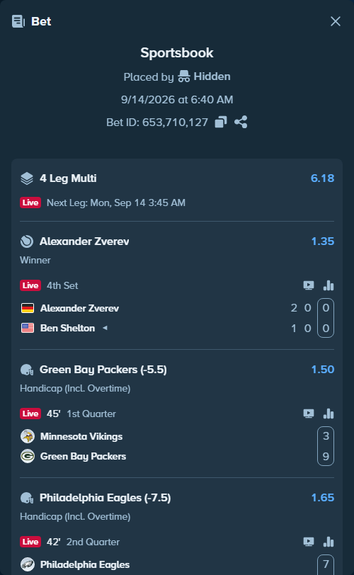 Bet slip: Minnesota Vikings - Green Bay Packers, $11,639.36 stake at 1.50 odds, placed by Hidden