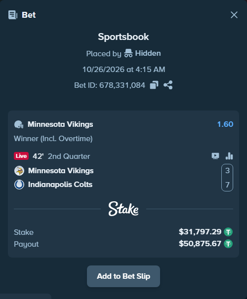 Bet slip: Minnesota Vikings - Indianapolis Colts, $31,829.09 stake at 1.60 odds, placed by Hidden
