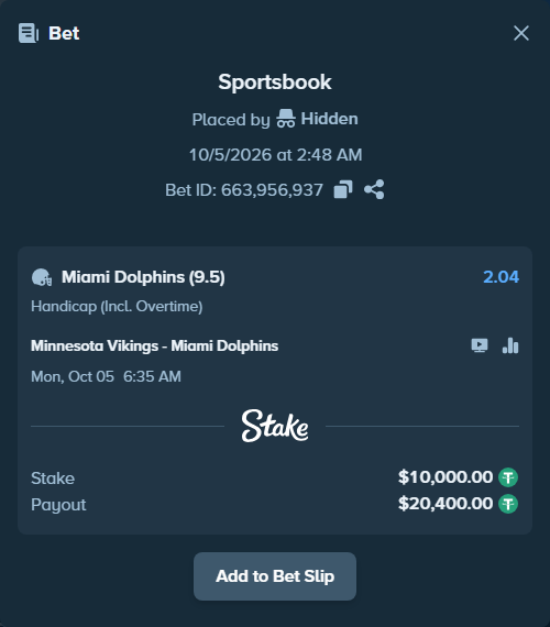 Bet slip: Minnesota Vikings - Miami Dolphins, $10,000.00 stake at 2.04 odds, placed by jannrobbs