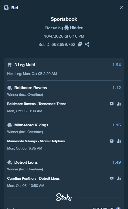 Bet slip: Minnesota Vikings - Miami Dolphins, $24,624.73 stake at 1.16 odds, placed by XposedTwirch