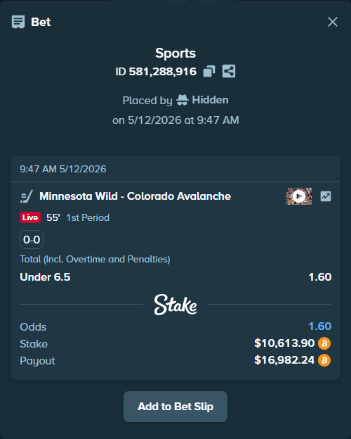 Bet slip: Minnesota Wild - Colorado Avalanche, $8,338.80 stake at 1.60 odds, placed by Hidden