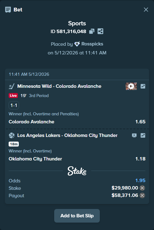 Bet slip: Minnesota Wild - Colorado Avalanche, $23,513.31 stake at 1.65 odds, placed by Rosspicks
