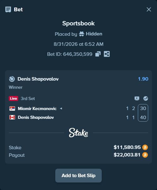 Bet slip: Miomir Kecmanovic - Denis Shapovalov, $11,580.01 stake at 1.90 odds, placed by Hidden