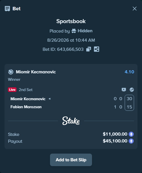 Bet slip: Miomir Kecmanovic - Fabian Marozsan, $11,054.91 stake at 4.10 odds, placed by Hidden