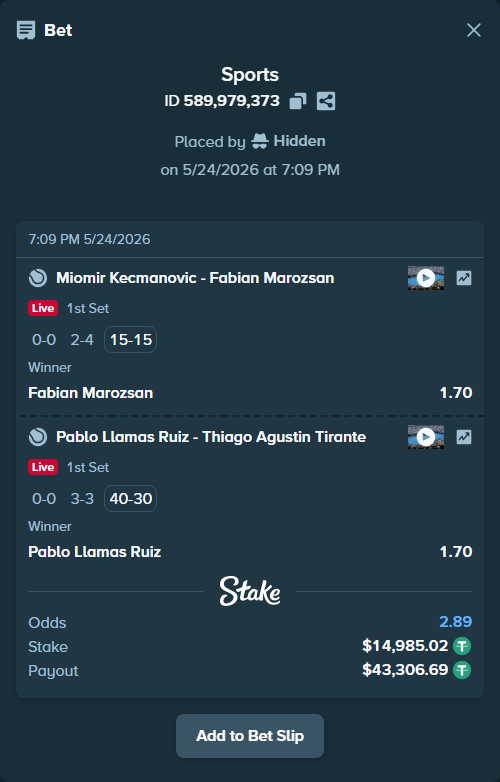 Bet slip: Miomir Kecmanovic - Fabian Marozsan, $15,000.00 stake at 1.70 odds, placed by Hidden