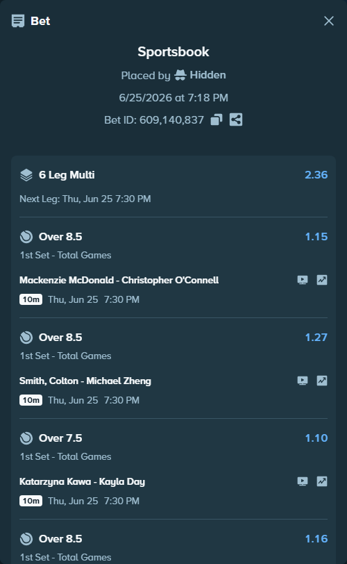 Bet slip: Miomir Kecmanovic - Fabian Marozsan, $50,050.00 stake at 1.15 odds, placed by Hidden