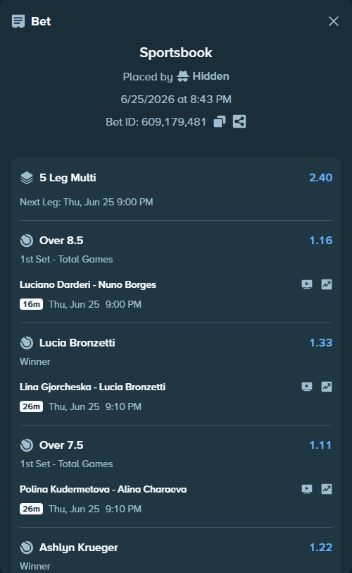 Bet slip: Miomir Kecmanovic - Fabian Marozsan, $75,000.00 stake at 1.15 odds, placed by Hidden