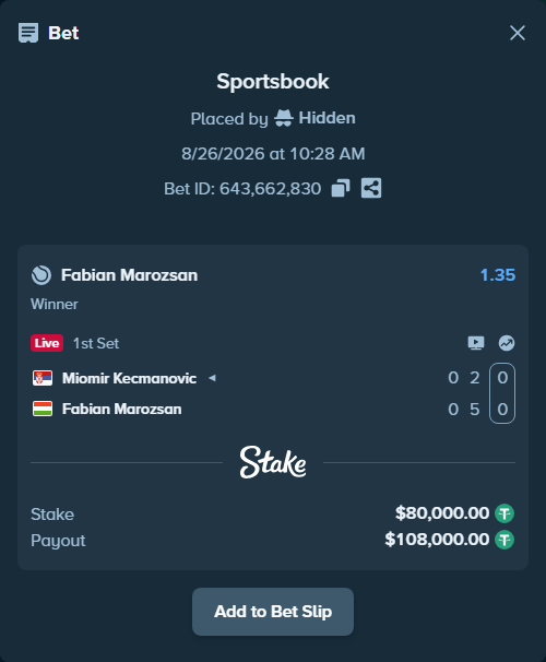 Bet slip: Miomir Kecmanovic - Fabian Marozsan, $80,000.00 stake at 1.35 odds, placed by Hidden