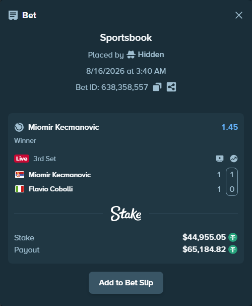Bet slip: Miomir Kecmanovic - Flavio Cobolli, $45,000.00 stake at 1.45 odds, placed by Hidden