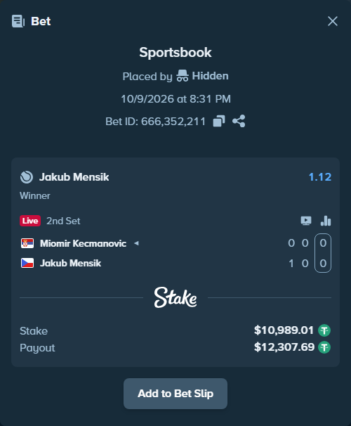 Bet slip: Miomir Kecmanovic - Jakub Mensik, $11,000.00 stake at 1.12 odds, placed by pharuehmann4