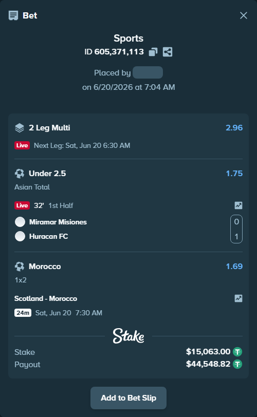 Bet slip: Miramar Misiones - Huracan FC, $15,078.06 stake at 1.75 odds, placed by AsTraL11
