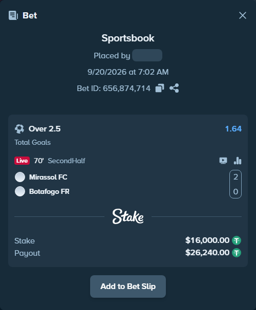 Bet slip: Mirassol - Botafogo, $16,000.00 stake at 1.64 odds, placed by tlwns4736