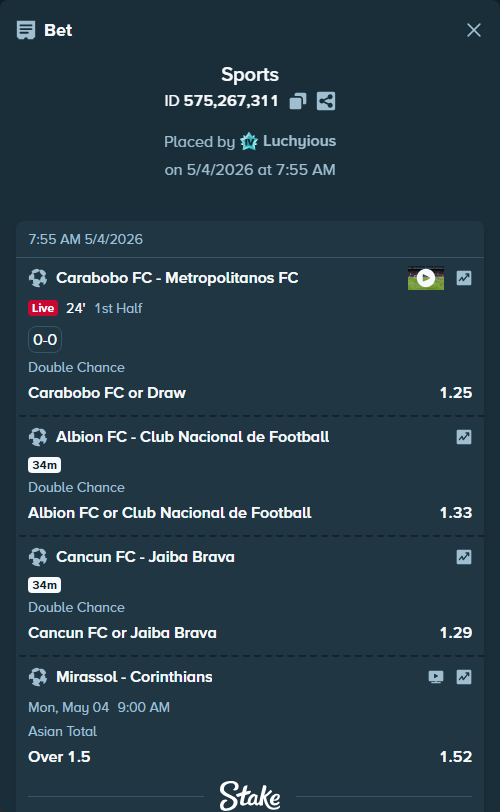 Bet slip: Mirassol - Corinthians, $7,440.91 stake at 1.52 odds, placed by Luchyious