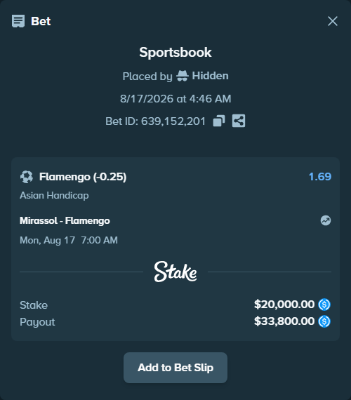 Bet slip: Mirassol - Flamengo, $20,000.00 stake at 1.69 odds, placed by Hidden