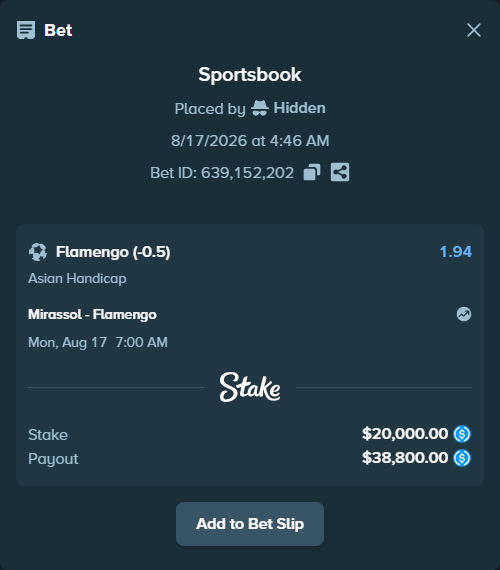 Bet slip: Mirassol - Flamengo, $20,000.00 stake at 1.94 odds, placed by Hidden