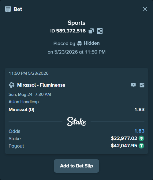 Bet slip: Mirassol - Fluminense, $23,000.00 stake at 1.83 odds, placed by Hidden