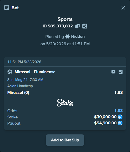 Bet slip: Mirassol - Fluminense, $30,000.00 stake at 1.83 odds, placed by Hidden