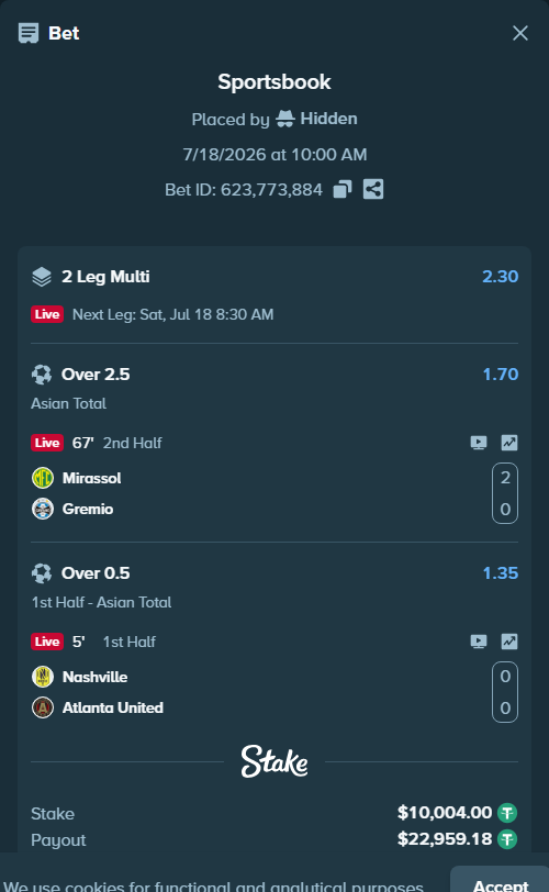 Bet slip: Mirassol - Gremio, $10,004.00 stake at 1.70 odds, placed by youssefsadik