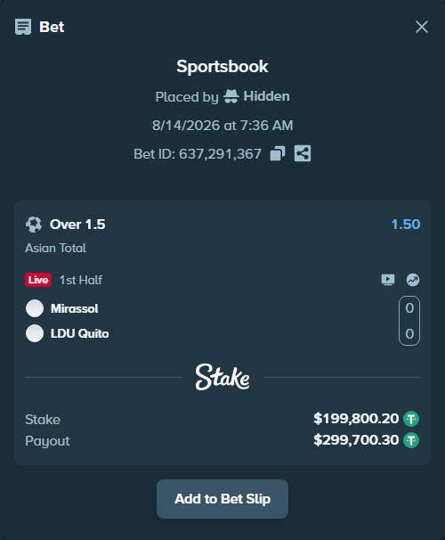 Bet slip: Mirassol - LDU Quito, $200,000.00 stake at 1.50 odds, placed by Hidden