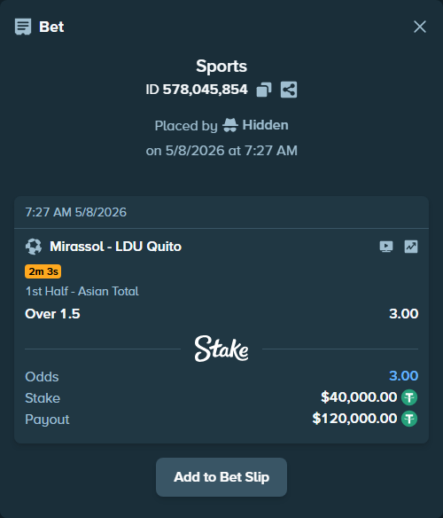 Bet slip: Mirassol - LDU Quito, $40,000.00 stake at 3.00 odds, placed by Hidden