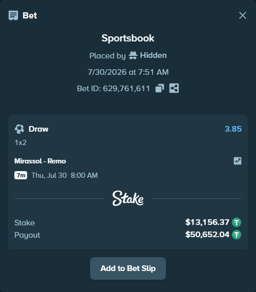 Bet slip: Mirassol - Remo, $13,169.53 stake at 3.85 odds, placed by Hidden