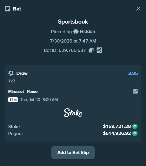 Bet slip: Mirassol - Remo, $159,881.00 stake at 3.85 odds, placed by Hidden