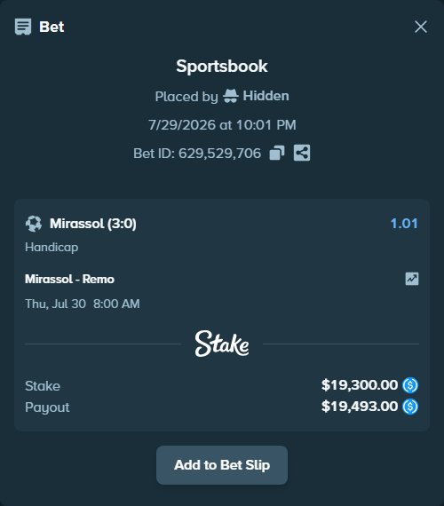 Bet slip: Mirassol - Remo, $19,300.00 stake at 1.01 odds, placed by Hidden
