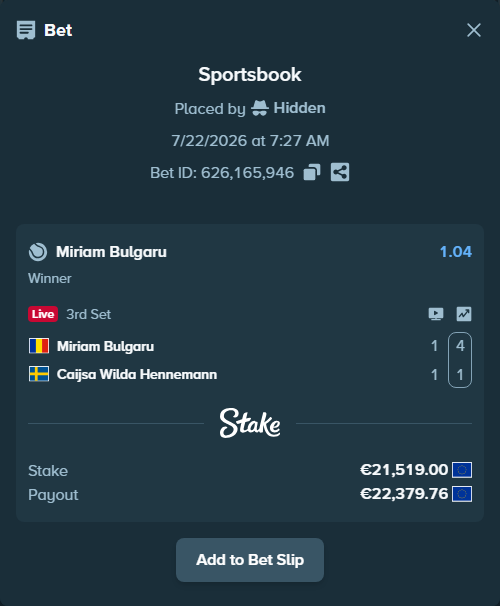 Bet slip: Miriam Bulgaru - Caijsa Wilda Hennemann, $23,240.52 stake at 1.04 odds, placed by Hidden