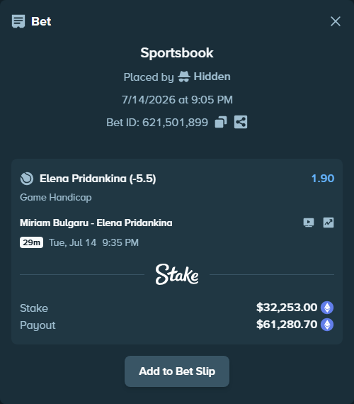 Bet slip: Miriam Bulgaru - Elena Pridankina, $34,178.08 stake at 1.90 odds, placed by Hidden
